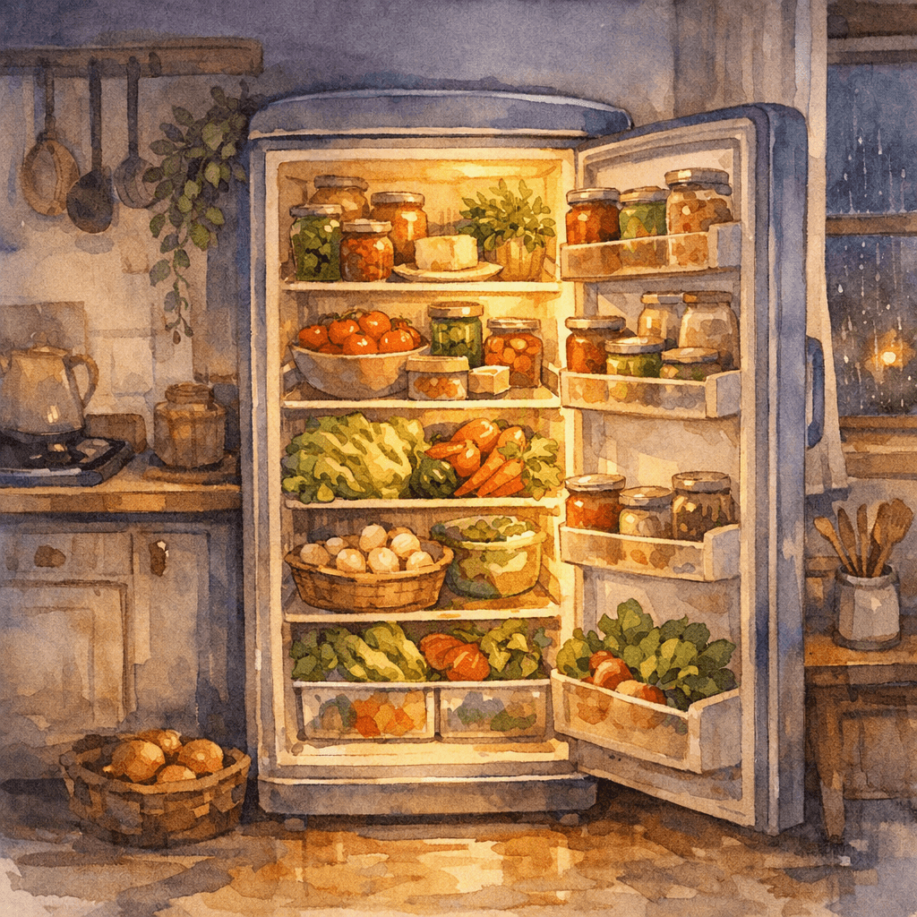 Illustration d'un frigo ouvert le soir, avec des légumes, bocaux et herbes fraîches rangés sur les étagères, lumière chaude