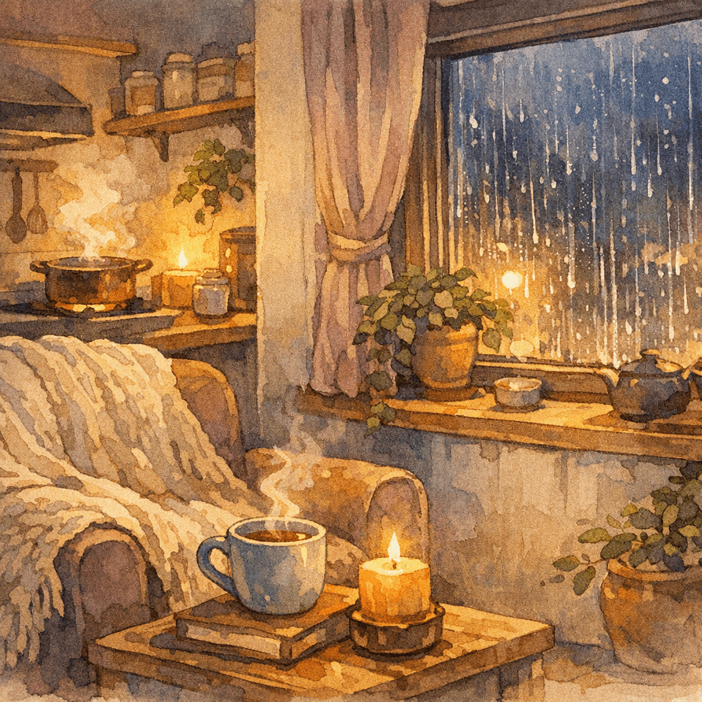 Coin salon cosy un soir de pluie, plaid, bougie et casserole qui mijote, ambiance chaleureuse